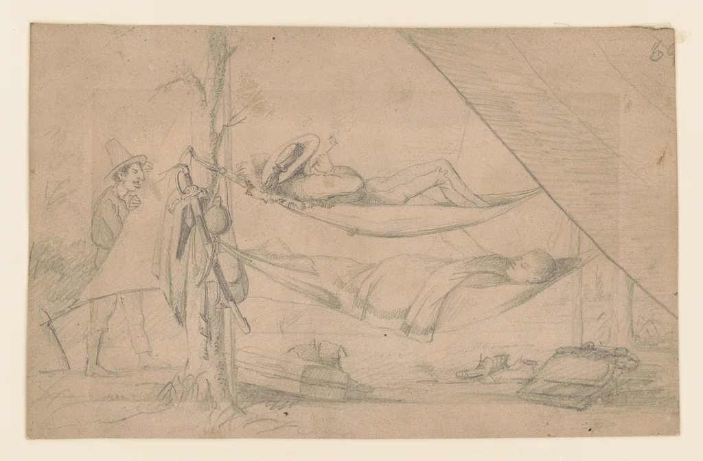 Captain Adolph Metzner, Lieutenant Louis von Trebra and Jacob Labinsky, Huntsville, Alabama, July 1862. Drawing by Adolph Metzner, 1862. hdl.loc.gov/loc.pnp/ppmsca.51211