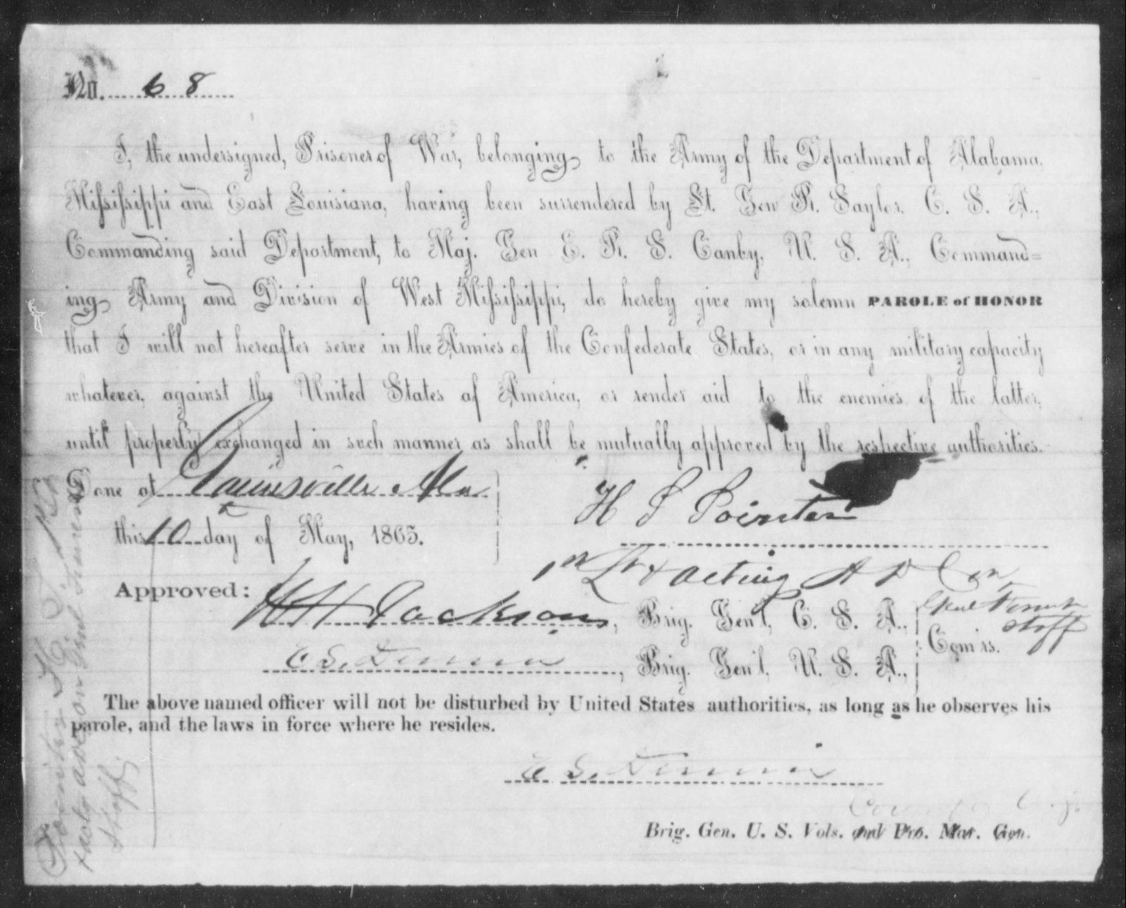 Surrender Oath of Capt. H.P. Pointer | South & Western Theaters ...